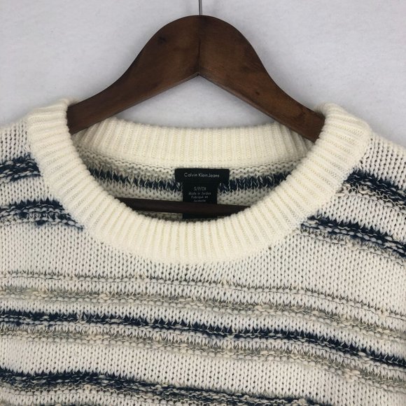Calvin Klein Women's Size Small White Blue Striped Knit Crewneck Sweater - Picture 2 of 9